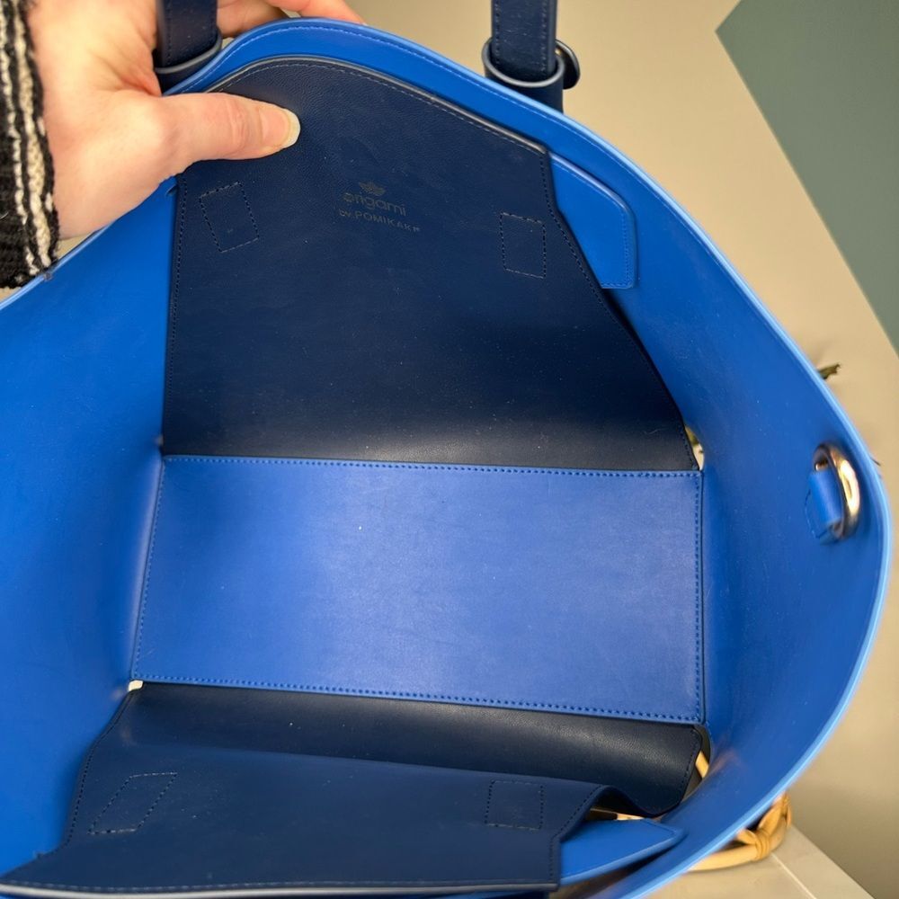 Origami by POMIKAKI Italy Blue Geometric Tote Bag Modern Vegan Leather Handbag - Picture 10 of 11
